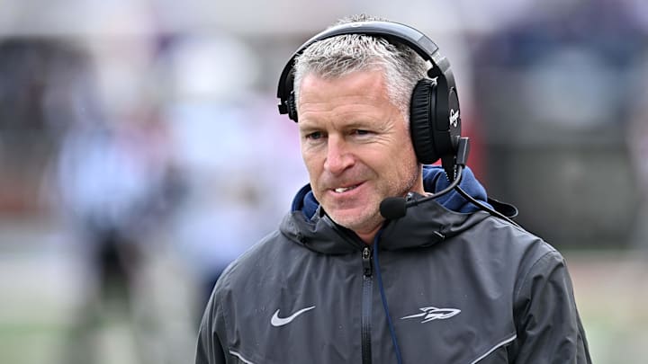 Oct 25, 2025; Pullman, Washington, USA; Toledo Rockets head coach Jason Candle walks the side line against the Washington State Cougars in the first half at Gesa Field at Martin Stadium. Mandatory Credit: James Snook-Imagn Images