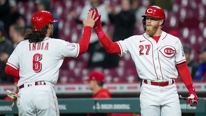 Cincinnati Reds players Jonathan India and Jake Fraley
