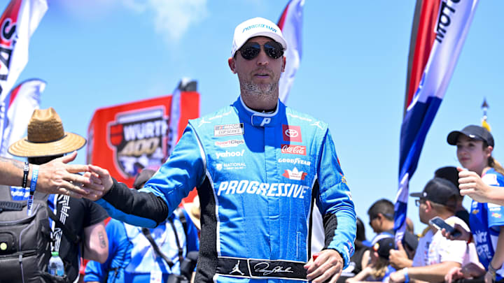 May 4, 2025; Fort Worth, Texas, USA; NASCAR Cup Series driver Denny Hamlin (11) is introduced before the start of the Wurth 400 race at Texas Motor Speedway. Mandatory Credit: Jerome Miron-Imagn Images May 4, 2025; Fort Worth, Texas, USA; NASCAR Cup Series driver Denny Hamlin (11) is introduced before the start of the Wurth 400 race at Texas Motor Speedway. Mandatory Credit: Jerome Miron-Imagn Images