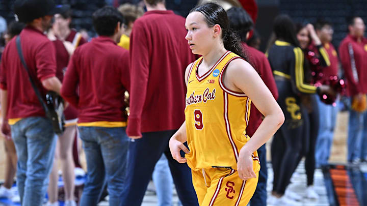 Mar 29, 2025; Spokane, WA, USA; USC Trojans guard Kayleigh Heckel (9) walks off the court during the second half of a Sweet 16 NCAA Tournament basketball game against the Kansas State Wildcats at Spokane Arena. Mandatory Credit: James Snook-Imagn Images