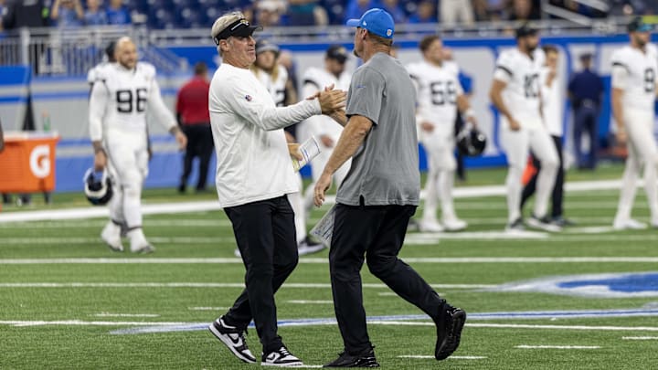 Aug 19, 2023; Detroit, Michigan, USA; Jacksonville Jaguars head coach Doug Pederson meets Detroit Lions head coach Dan Campbell on the field after their game at Ford Field. Mandatory Credit: David Reginek-Imagn Images Aug 19, 2023; Detroit, Michigan, USA; Jacksonville Jaguars head coach Doug Pederson meets Detroit Lions head coach Dan Campbell on the field after their game at Ford Field. Mandatory Credit: David Reginek-Imagn Images