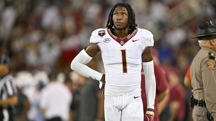 Sep 28, 2024; Dallas, Texas, USA; Florida State Seminoles defensive back Shyheim Brown (1) looks on during the game between the Southern Methodist Mustangs and the Florida State Seminoles at Gerald J. Ford Stadium. Mandatory Credit: Jerome Miron-Imagn Images