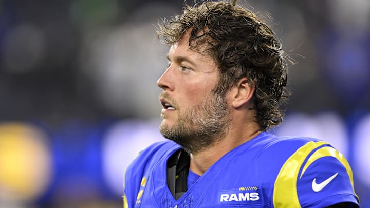  Los Angeles Rams quarterback Matthew Stafford (9) walks off the field  during warmups before a game against the Philadelphia Eagles at SoFi Stadium.