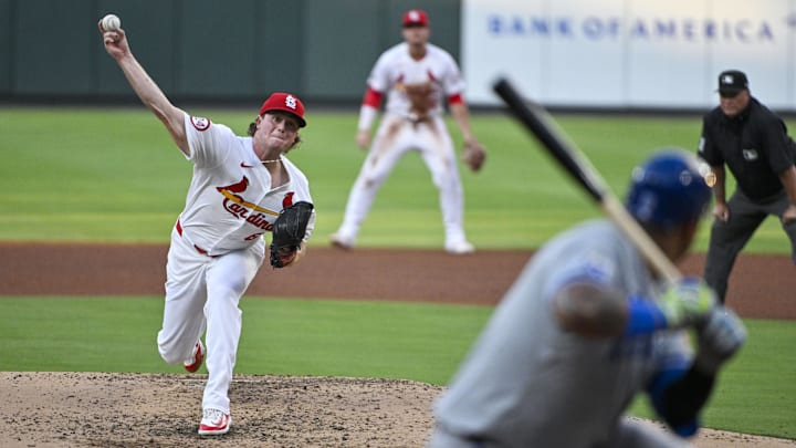 Jul 10, 2024; St. Louis, Missouri, USA;  St. Louis Cardinals starting pitcher Gordon Graceffo (67) pitches against Kansas City Royals designated hitter Salvador Perez (13) during the fourth inning at Busch Stadium. Mandatory Credit: Jeff Curry-Imagn Images