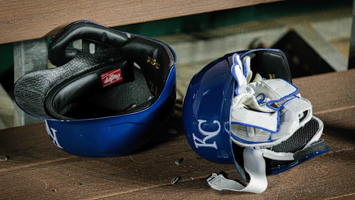 Apr 10, 2024; Kansas City, Missouri, USA; Kansas City Royals batting helmets in the dugout after the game against the Houston Astros at Kauffman Stadium. Mandatory Credit: William Purnell-Imagn Images Apr 10, 2024; Kansas City, Missouri, USA; Kansas City Royals batting helmets in the dugout after the game against the Houston Astros at Kauffman Stadium. Mandatory Credit: William Purnell-Imagn Images