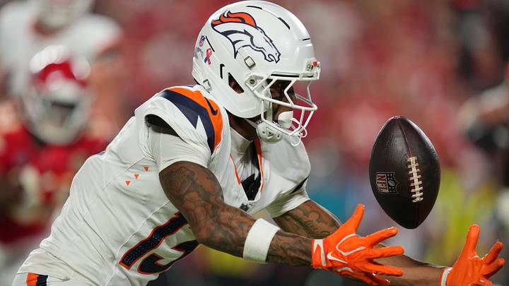 Sep 14, 2026; Kansas City, Missouri, USA; Denver Broncos wide receiver Pat Bryant (13) attempts to make a catch against the Kansas City Chiefs at GEHA Field at Arrowhead Stadium. Sep 14, 2026; Kansas City, Missouri, USA; Denver Broncos wide receiver Pat Bryant (13) attempts to make a catch against the Kansas City Chiefs at GEHA Field at Arrowhead Stadium.