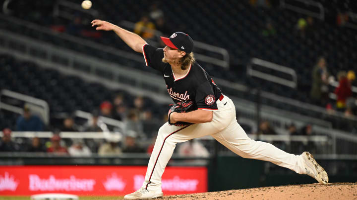 Apr 3, 2024; Washington, District of Columbia, USA; Washington Nationals relief pitcher Hunter Harvey (73) pitches against the Pittsburgh Pirates during the seventh inning at Nationals Park. Mandatory Credit: Rafael Suanes-USA TODAY Sports Apr 3, 2024; Washington, District of Columbia, USA; Washington Nationals relief pitcher Hunter Harvey (73) pitches against the Pittsburgh Pirates during the seventh inning at Nationals Park. Mandatory Credit: Rafael Suanes-USA TODAY Sports