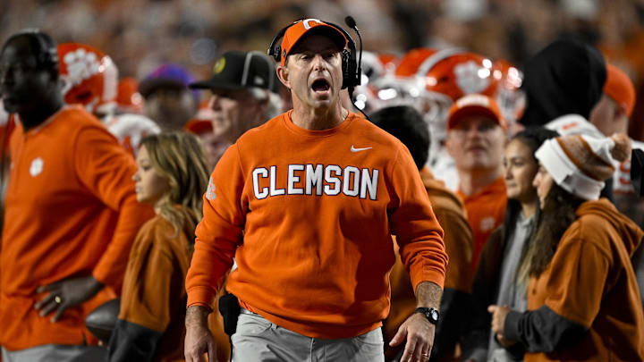 Dec 21, 2024; Austin, Texas, USA; Clemson Tigers head coach Dabo Swinney during the game between the Texas Longhorns and the Clemson Tigers in the CFP National Playoff First Round at Darrell K Royal-Texas Memorial Stadium. Mandatory Credit: Jerome Miron-Imagn Images