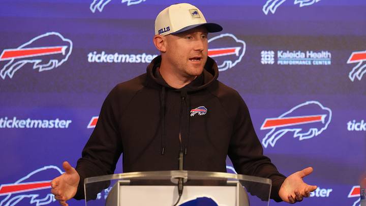 Jun 9, 2026; Orchard Park, NY, USA; Buffalo Bills head coach Joe Brady answers questions during practice press conference. Jun 9, 2026; Orchard Park, NY, USA; Buffalo Bills head coach Joe Brady answers questions during practice press conference.