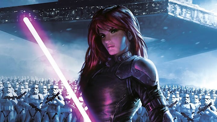 Star Wars Expanded Universe's Mara Jade holding a purple lightsaber in front of a Star Destroyer. Image Credit: StarWars.com