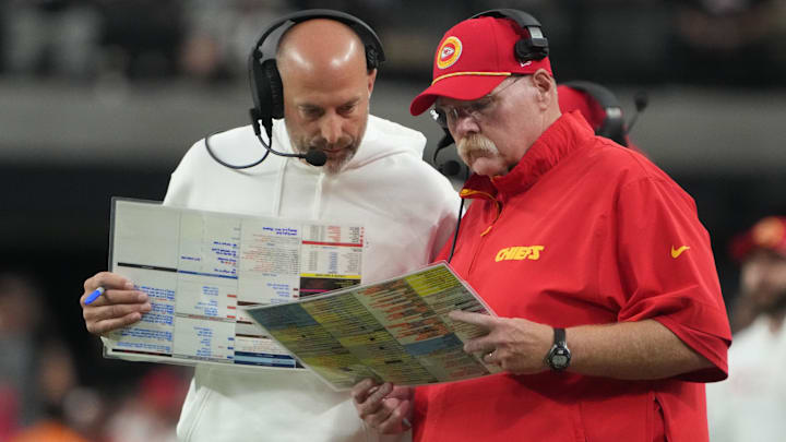 Oct 27, 2024; Paradise, Nevada, USA; Kansas City Chiefs offensive coordinator Matt Nagy (left) and coach Andy Reid react against the Las Vegas Raiders in the second half at Allegiant Stadium. Mandatory Credit: Kirby Lee-Imagn Images