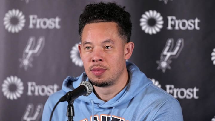 Apr 8, 2025; Inglewood, California, USA; San Antonio Spurs assistant coach Mitch Johnson at a press conference at the Intuit Dome. Mandatory Credit: Kirby Lee-Imagn Images