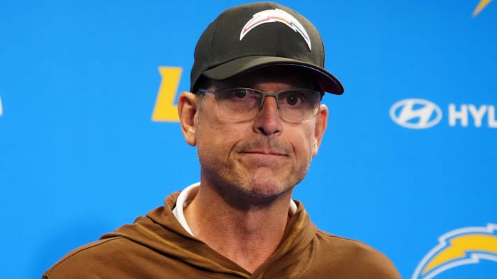 Jun 13, 2024; Costa Mesa, CA, USA; Los Angeles Chargers head coach Jim Harbaugh at a press conference during minicamp at the Hoag Performance Center. Mandatory Credit: Kirby Lee-USA TODAY Sports Jun 13, 2024; Costa Mesa, CA, USA; Los Angeles Chargers head coach Jim Harbaugh at a press conference during minicamp at the Hoag Performance Center. Mandatory Credit: Kirby Lee-USA TODAY Sports
