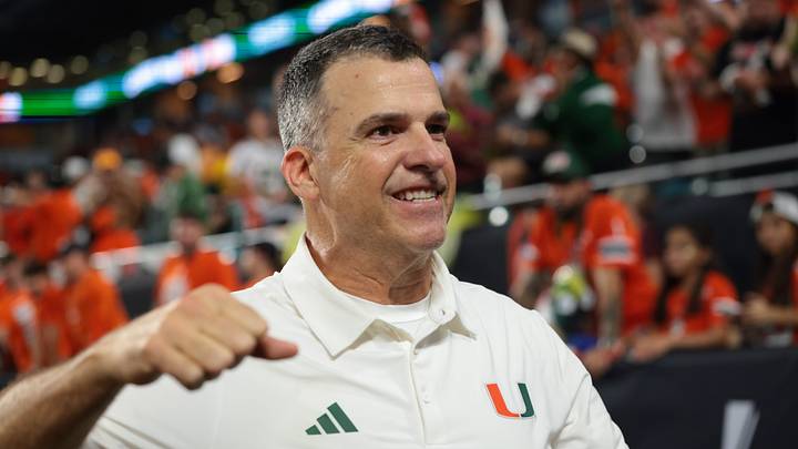 Oct 17, 2026; Miami Gardens, Florida, USA;  Miami Hurricanes head coach Mario Cristobal celebrates after defeating the Florida State Seminoles at Hard Rock Stadium.  Mandatory Credit: Sam Navarro-Imagn Images