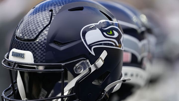 Aug 23, 2025; Green Bay, Wisconsin, USA;  General view of a Seattle Seahawks helmet prior to the game against the Green Bay Packers at Lambeau Field. Mandatory Credit: Jeff Hanisch-Imagn Images