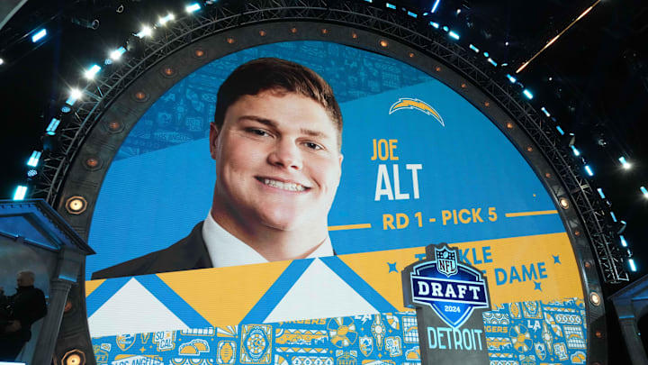 Apr 25, 2024; Detroit, MI, USA;  Notre Dame Fighting Irish lineman Joe Alt is selected as the No. 5 pick of the first round by the Los Angeles Chargers during the 2024 NFL Draft at Campus Martius Park and Hart Plaza. Mandatory Credit: Kirby Lee-USA TODAY Sports