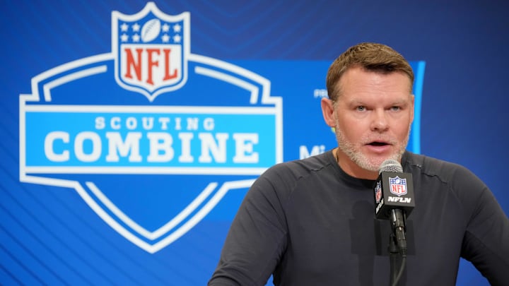 Feb 25, 2025; Indianapolis, IN, USA; Indianapolis Colts general manager Chris Ballard speaks during the NFL Scouting Combine at the Indiana Convention Center. Mandatory Credit: Kirby Lee-Imagn Images