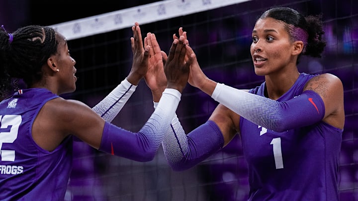 Sept. 11, 2025: TCU Volleyball's Alexis Roberson and Samara Coleman celebrate a point in their win over Wyoming.