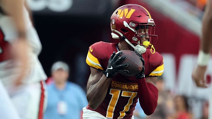 Sep 8, 2024; Tampa, Florida, USA; Washington Commanders wide receiver Terry McLaurin (17) catches the ball against the Tampa Bay Buccaneers during the second half at Raymond James Stadium. Mandatory Credit: Kim Klement Neitzel-Imagn Images