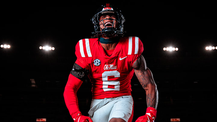 Ole Miss LB TJ Dottery modeling the Rebels' uniform choice for Saturday's Magnolia Bowl vs. LSU.