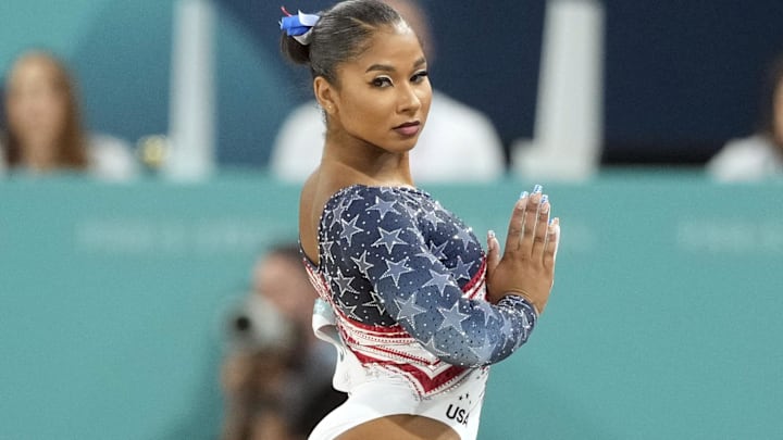 Jordan Chiles of the United States competes on the floor exercise during the women’s team final at the Paris 2024 Olympic Summer Games at Bercy Arena. Jordan Chiles of the United States competes on the floor exercise during the women’s team final at the Paris 2024 Olympic Summer Games at Bercy Arena.
