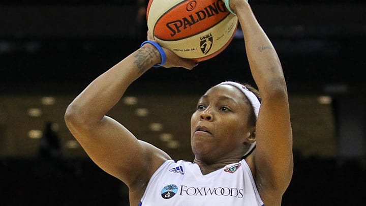 June 3, 2012; Newark, NJ, USA; New York Liberty guard Cappie Pondexter (23) shoots the ball during the first half of their game against the Indiana Fever at the Prudential Center. Mandatory Credit: Ed Mulholland-Imagn Images