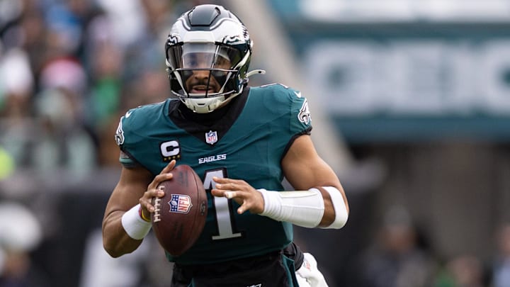 Philadelphia Eagles quarterback Jalen Hurts (1) in action against the Carolina Panthers during the second quarter at Lincoln Financial Field.