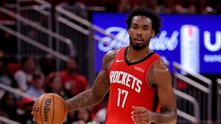 Oct 27, 2025; Houston, Texas, USA; Houston Rockets forward Tari Eason (17) handles the ball against the Brooklyn Nets during the second quarter at Toyota Center. Mandatory Credit: Erik Williams-Imagn Images
