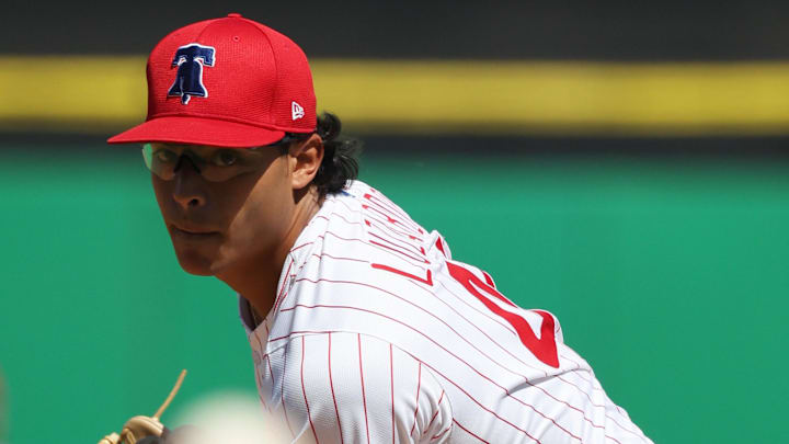 Feb 28, 2025; Clearwater, Florida, USA;  Philadelphia Phillies starting pitcher Jesus Luzardo (44) throws a pitch before the first inning against the Boston Red Sox at BayCare Ballpark.