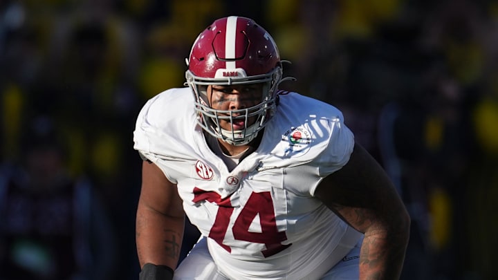 Jan 1, 2024; Pasadena, CA, USA; Alabama Crimson Tide offensive lineman Kadyn Proctor (74) looks on against the Michigan Wolverines during the first half in the 2024 Rose Bowl college football playoff semifinal game at Rose Bowl. Mandatory Credit: Kirby Lee-Imagn Images