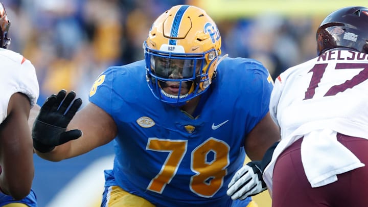 Pittsburgh Panthers offensive lineman Branson Taylor against the Virginia Tech Hokies during the second quarter at Acrisure Stadium. 