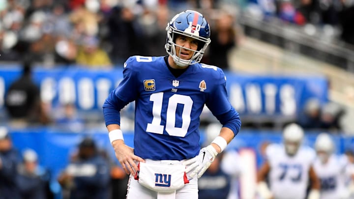 New York Giants quarterback Eli Manning (10) reacts after throwing an interception in the endzone in the first drive of the game. The New York Giants face the Dallas Cowboys in the last regular season game on Sunday, Dec. 30, 2018, in East Rutherford.

Nyg Vs Dal