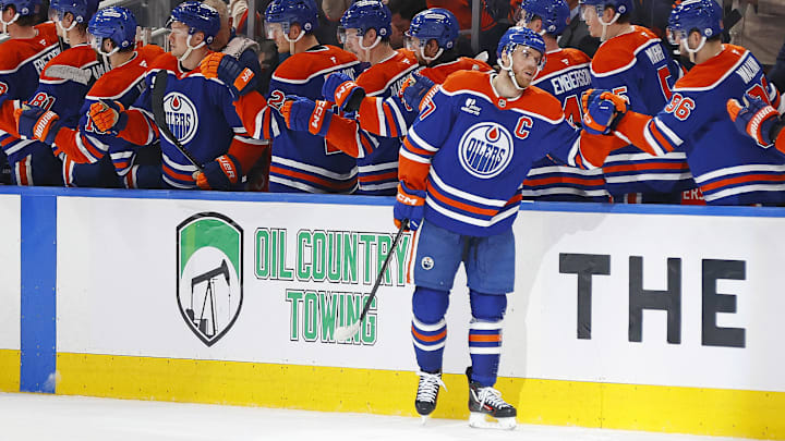 Apr 13, 2026; Edmonton, Alberta, CAN;  The Edmonton Oilers celebrate a goal scored by forward Connor McDavid (97) during the second period against the Colorado Avalanche.Rogers Place. Mandatory Credit: Perry Nelson-Imagn Images