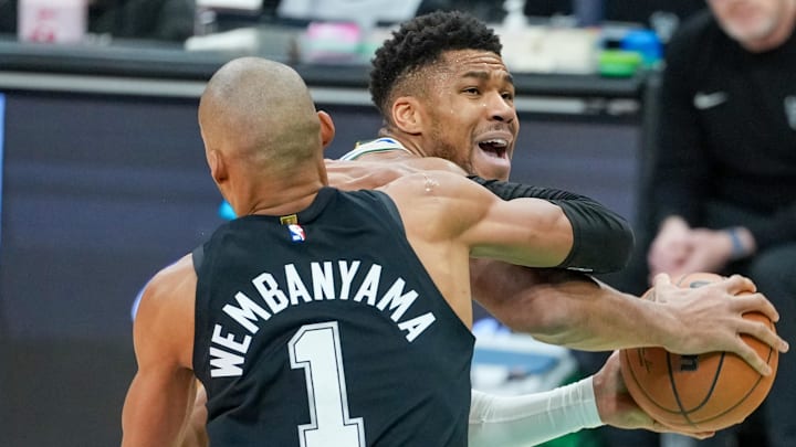 Jan 15, 2026; San Antonio, Texas, USA; San Antonio Spurs forward/center Victor Wembanyama (1) fouls Milwaukee Bucks forward Giannis Antetokounmpo (34) in the first half at Frost Bank Center. Mandatory Credit: Daniel Dunn-Imagn Images Jan 15, 2026; San Antonio, Texas, USA; San Antonio Spurs forward/center Victor Wembanyama (1) fouls Milwaukee Bucks forward Giannis Antetokounmpo (34) in the first half at Frost Bank Center. Mandatory Credit: Daniel Dunn-Imagn Images