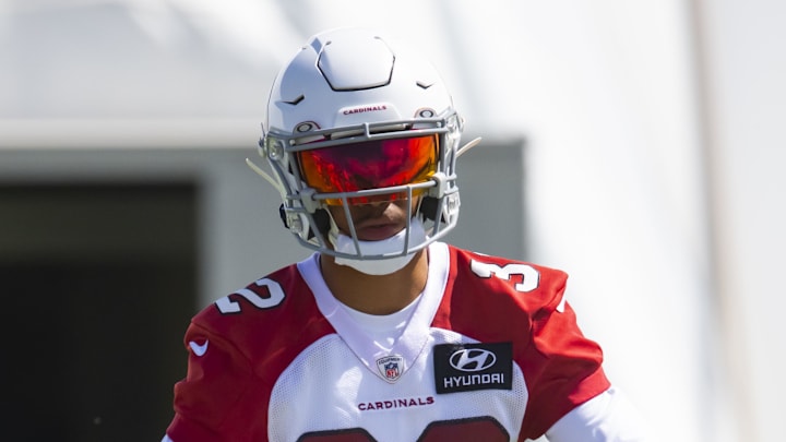 Jun 8, 2021; Tempe, AZ, USA; Arizona Cardinals cornerback Tay Gowan (32) during minicamp practice at the Dignity Health Arizona Cardinals Training Center. Mandatory Credit: Mark J. Rebilas-Imagn Images Jun 8, 2021; Tempe, AZ, USA; Arizona Cardinals cornerback Tay Gowan (32) during minicamp practice at the Dignity Health Arizona Cardinals Training Center. Mandatory Credit: Mark J. Rebilas-Imagn Images