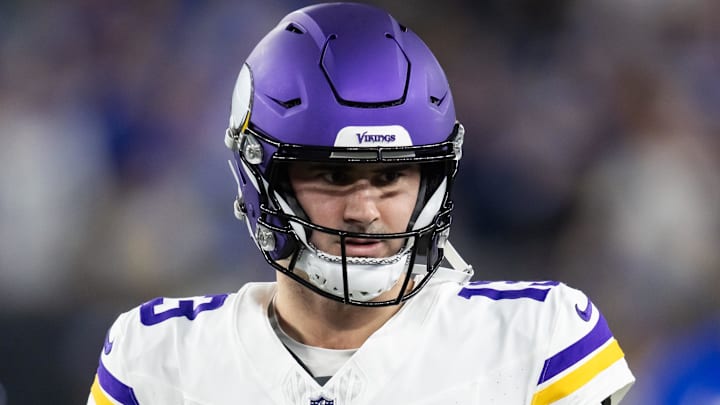 Jan 13, 2025; Glendale, AZ, USA; Minnesota Vikings quarterback Daniel Jones (13) against the Los Angeles Rams during an NFC wild card game at State Farm Stadium. Mandatory Credit: Mark J. Rebilas-Imagn Images