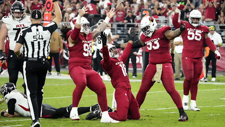 Arizona Cardinals linebacker BJ Ojulari (18) reacts after sacking Atlanta Falcons quarterback Taylor