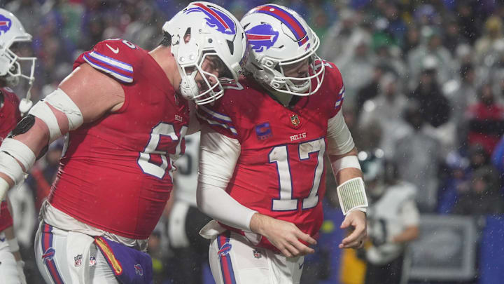Buffalo Bills center Connor McGovern celebrates with Buffalo Bills quarterback Josh Allen’s touchdown, the team’s first of the game in the fourth quarter against the Philadelphia Eagles at Highmark Stadium in Orchard Park on Dec. 28, 2025.