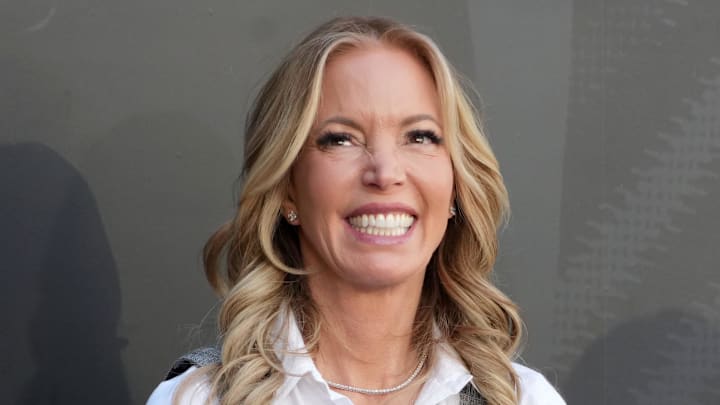 Feb 22, 2026; Los Angeles, CA, USA; Los Angeles Lakers governor Jeanie Buss watches at unveiling of statue of former Lakers coach Pat Riley at the Crypto.com Arena.  Mandatory Credit: Kirby Lee-Imagn Images