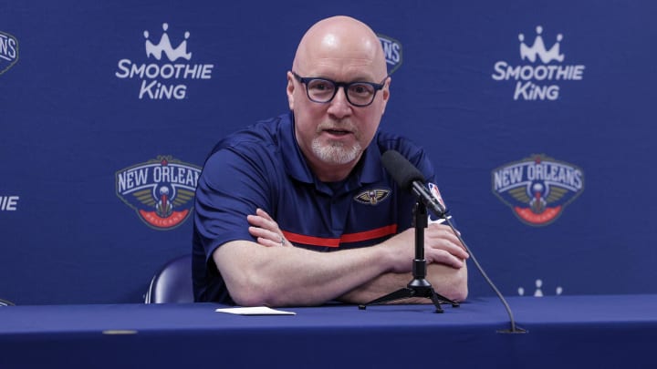 Sep 26, 2022; New Orleans, LA, USA; New Orleans Pelicans vice president of basketball operations David Griffin during a press conference at the New Orleans Pelicans Media Day from the Smoothie King Center Sep 26, 2022; New Orleans, LA, USA; New Orleans Pelicans vice president of basketball operations David Griffin during a press conference at the New Orleans Pelicans Media Day from the Smoothie King Center