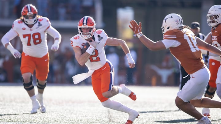 Dec 21, 2024; Austin, Texas, USA; Clemson Tigers quarterback Cade Klubnik (2) against the Texas Longhorns during the first half of the CFP National playoff first round at Darrell K Royal-Texas Memorial Stadium. Mandatory Credit: Mark J. Rebilas-Imagn Images