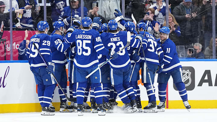 Feb 15, 2024; Toronto, Ontario, CAN; The Toronto Maple Leafs players celebrate the win 