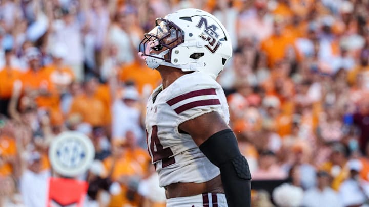 Sep 27, 2025; Starkville, Mississippi, USA; Mississippi State Bulldogs running back Fluff Bothwell (24) celebrates after a touchdown against the Tennessee Volunteers during the second half at Davis Wade Stadium at Scott Field. Mandatory Credit: Wesley Hale-Imagn Images