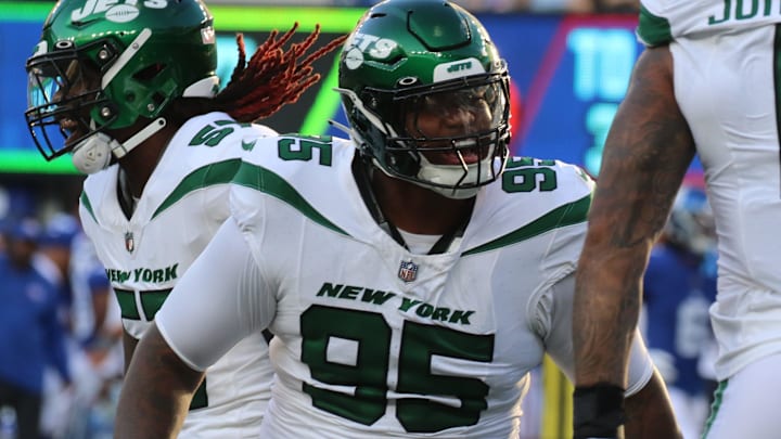 New York Jets defensive tackle Quinnen Williams celebrates a sack against the New York Giants at MetLife Stadium
