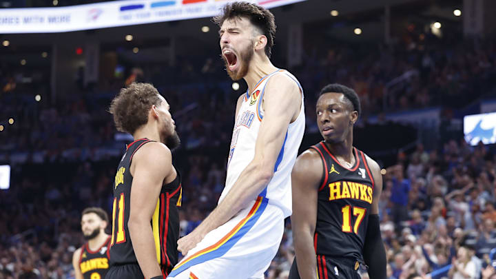 Oct 27, 2024; Oklahoma City, Oklahoma, USA; Oklahoma City Thunder forward Chet Holmgren (7) celebrates after dunking against the Atlanta Hawks during the second half at Paycom Center. Mandatory Credit: Alonzo Adams-Imagn Images