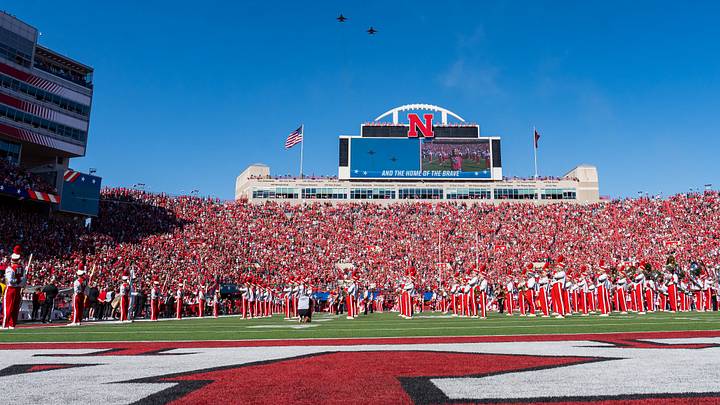 Oct 3, 2026; Lincoln, Nebraska, USA;  Two F-16's fly over the field during the national anthem before the game between the Nebraska Cornhuskers and the Maryland Terrapins at Memorial Stadium.  Mandatory Credit: Dylan Widger-Imagn Images