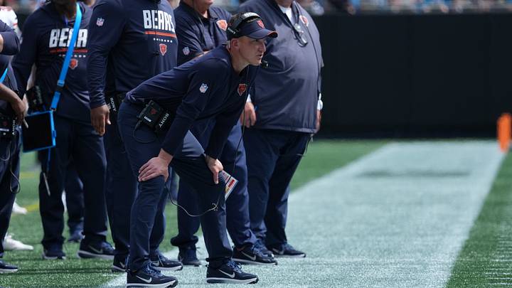 Chicago Bears head coach Ben Johnson looks on from the sideline in the second quarter against the Carolina Panthers at Bank of America Stadium.  Mandatory Credit: Jim Dedmon-Imagn Images