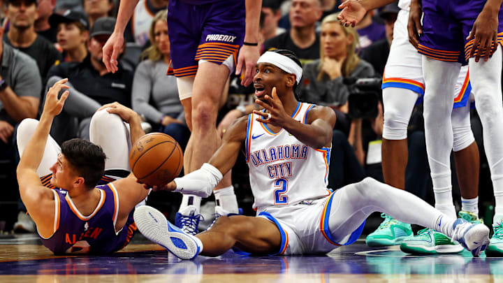 Mar 3, 2024; Phoenix, Arizona, USA; Oklahoma City Thunder guard Shai Gilgeous-Alexander (2) and Phoenix Suns guard Grayson Allen (8) react after a play during the fourth quarter at Footprint Center. Mandatory Credit: Mark J. Rebilas-Imagn Images Mar 3, 2024; Phoenix, Arizona, USA; Oklahoma City Thunder guard Shai Gilgeous-Alexander (2) and Phoenix Suns guard Grayson Allen (8) react after a play during the fourth quarter at Footprint Center. Mandatory Credit: Mark J. Rebilas-Imagn Images