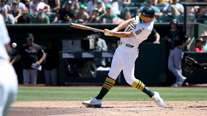 Athletics first baseman Nick Kurtz hits a two-RBI single against the Arizona Diamondbacks during the fifth inning at Sutter Health Park. Athletics first baseman Nick Kurtz hits a two-RBI single against the Arizona Diamondbacks during the fifth inning at Sutter Health Park.