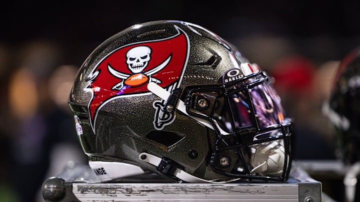 Detailed view of the Tampa Bay Buccaneers helmet against the New Orleans Saints.